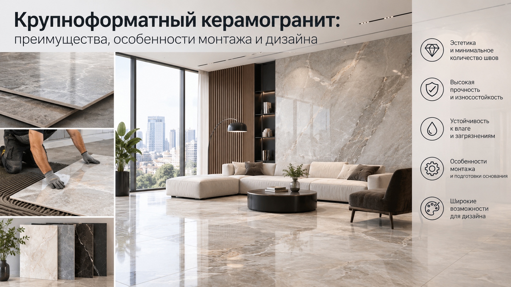 Крупноформатный керамогранит: преимущества, монтаж и дизайн