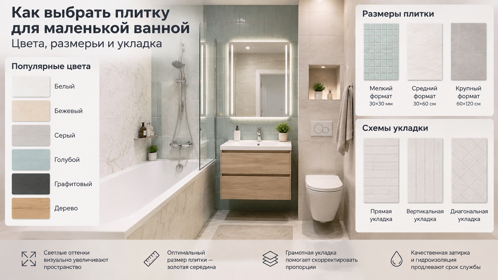 Как выбрать плитку для маленькой ванной: цвета, размеры и укладка